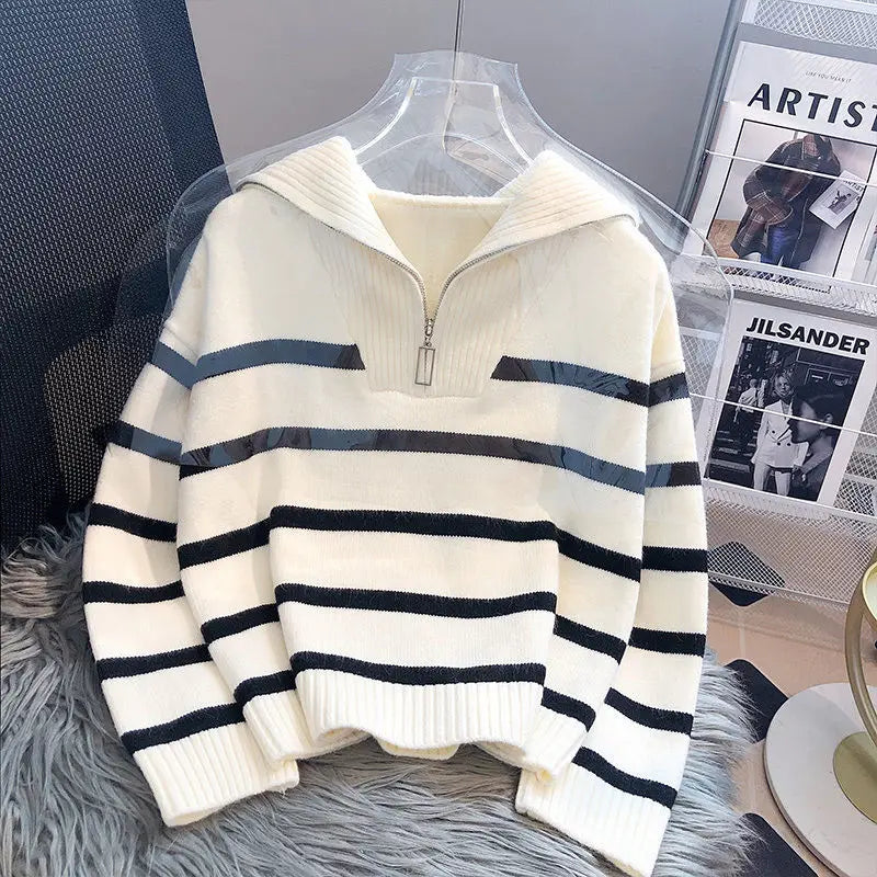 Women's Zippered Stripe Underlay Sweater