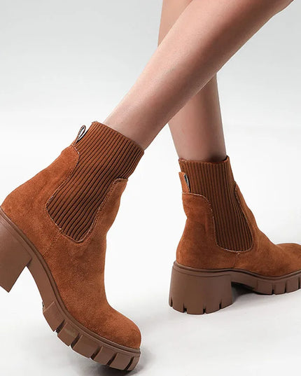 Women's Square Heel Ankle Boots with Thick Sole, Round Toe Faux Suede