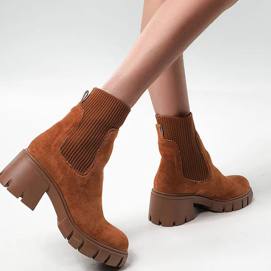 Women's Square Heel Ankle Boots with Thick Sole, Round Toe Faux Suede