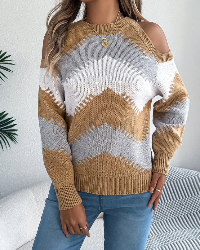 Women's Elegant Contrast Color Striped Long Sleeve Knit Sweater