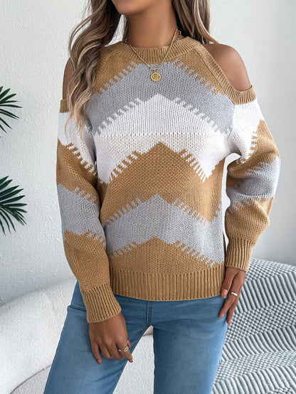 Women's Elegant Contrast Color Striped Long Sleeve Knit Sweater