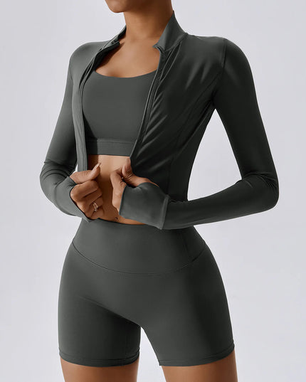 3-Piece Women's Workout Sets | Sportswear Gym Clothing with Zipper Long Sleeve Top & High-Waisted Leggings
