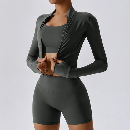 3-Piece Women's Workout Sets | Sportswear Gym Clothing with Zipper Long Sleeve Top & High-Waisted Leggings