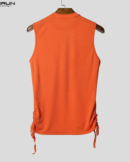 Incerun Men's Mesh Tank Top with Turtleneck and Side Lace Details