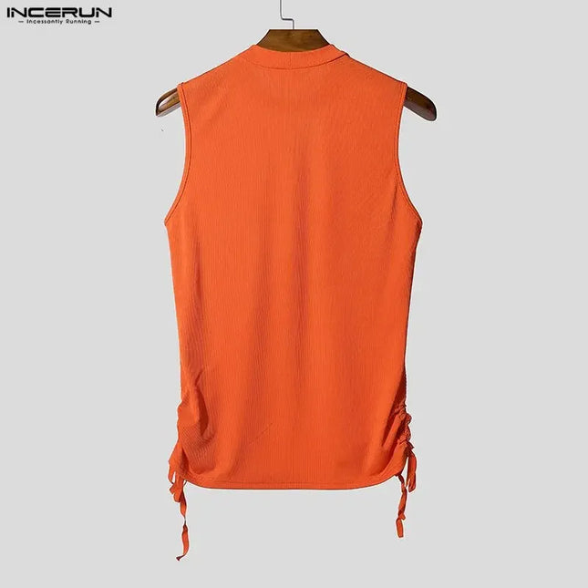 Incerun Men's Mesh Tank Top with Turtleneck and Side Lace Details