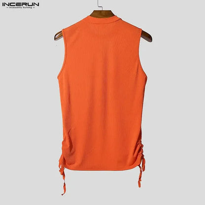 Incerun Men's Mesh Tank Top with Turtleneck and Side Lace Details