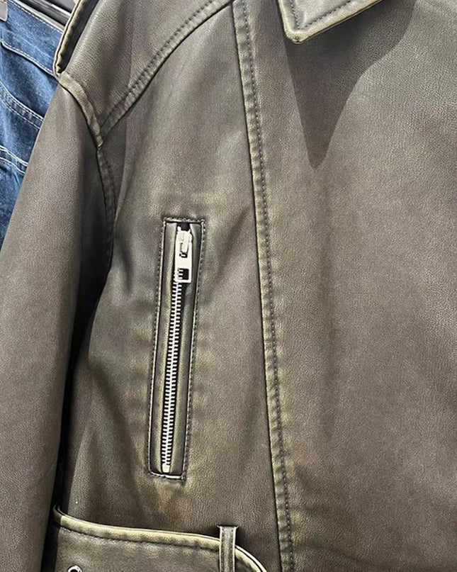 Vintage-Inspired Women’s Loose Faux Leather Short Jacket with Belt and Zipper
