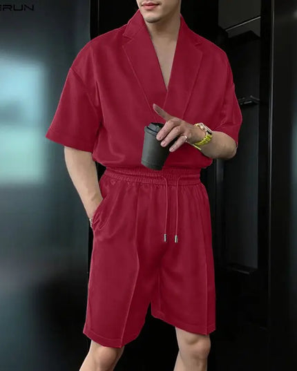 Incerun Men's Two-Piece Short Sleeve Shirt and Shorts Set