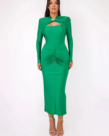 Elegant Women's Long Sleeved Pleated Dress - Elastic Tight Fit for a Flattering Silhouette