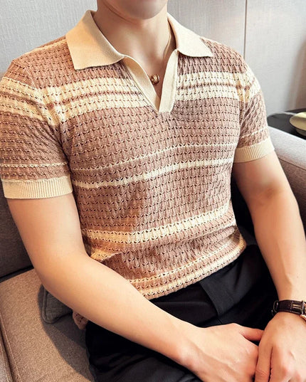Men's Thin Striped Knitted V-Neck T-Shirt – Stylish Breathable Men's Knit Top