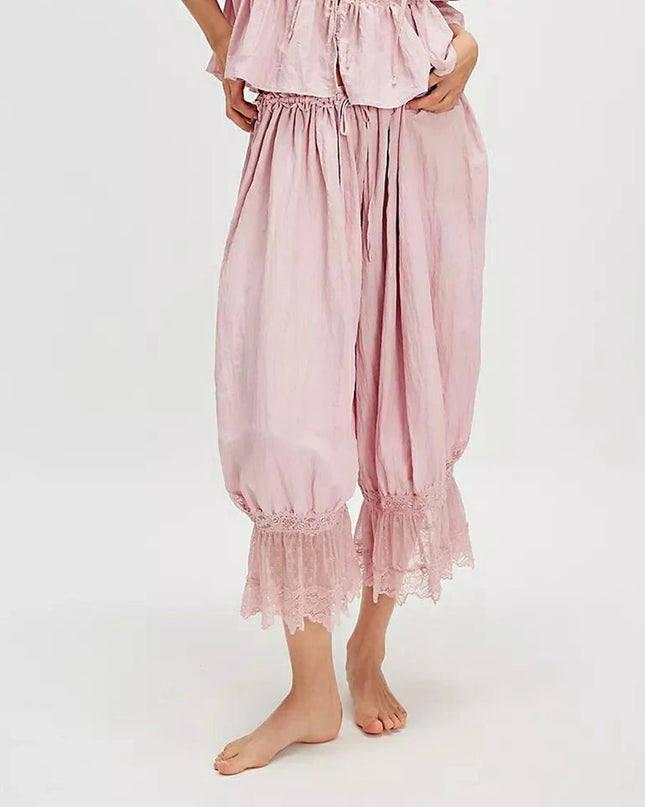 Women's Floral Lace Loose Fit Cropped Pants - High Waist Drawstring Calf-Length Lantern Bloomers