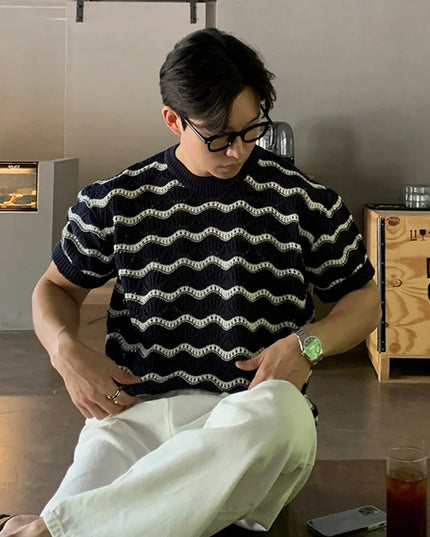 Men's Knit Jacquard Striped Hollow-Out Casual T-Shirt