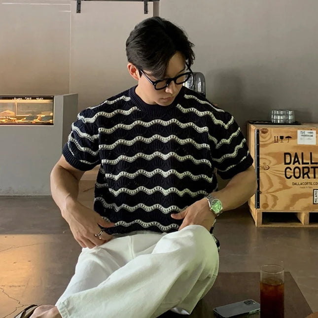 Men's Knit Jacquard Striped Hollow-Out Casual T-Shirt