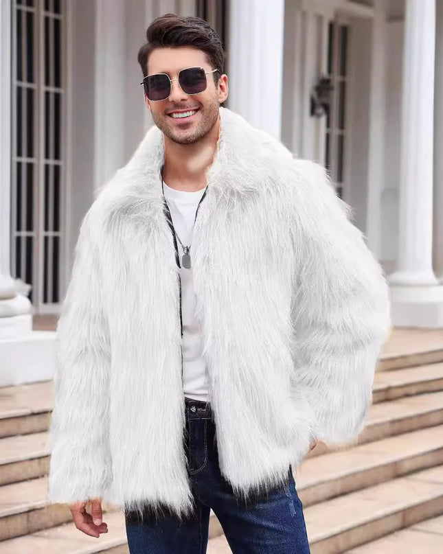 Men's Thick Fluffy Faux Fur Coat with Long Sleeves