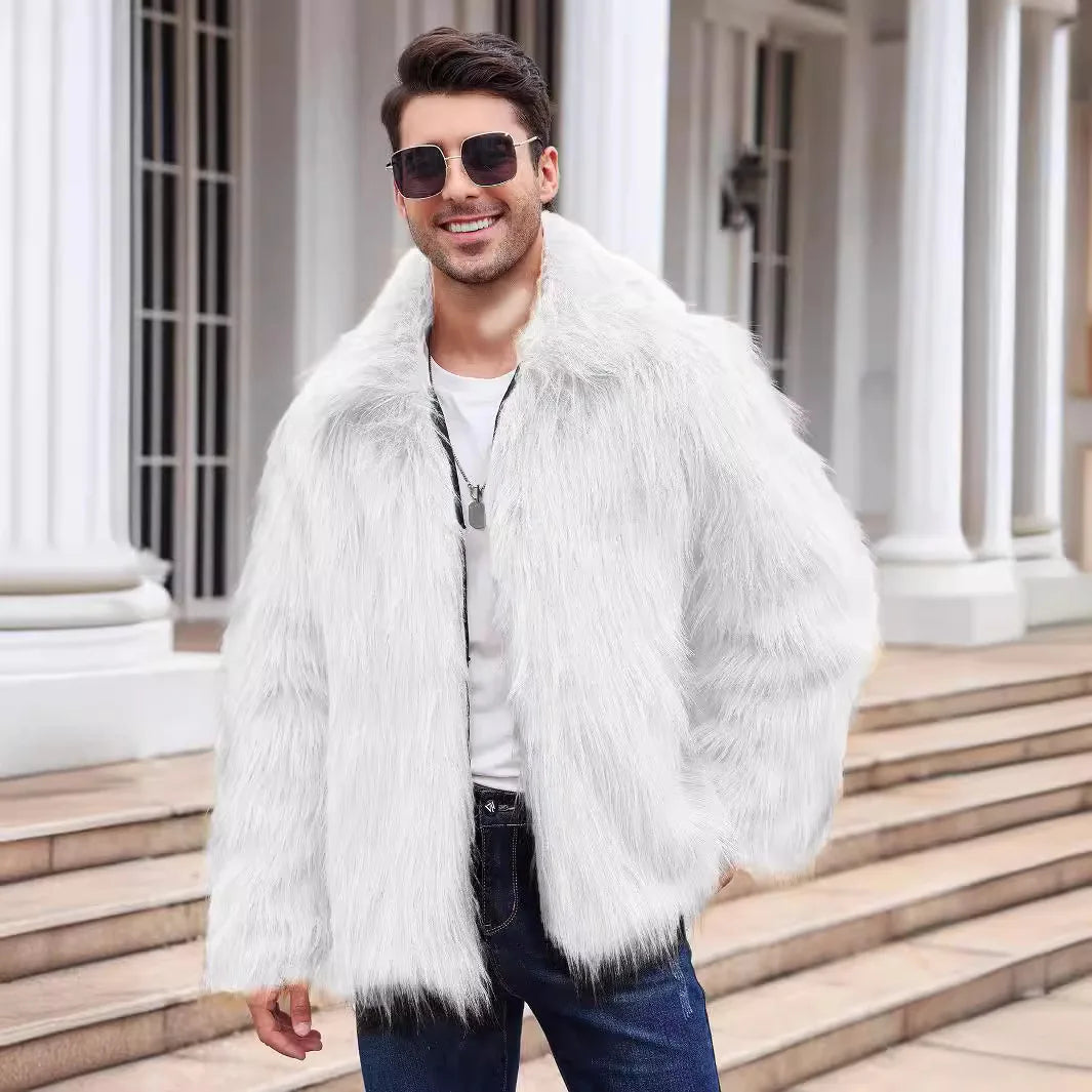 Men's Thick Fluffy Faux Fur Coat with Long Sleeves