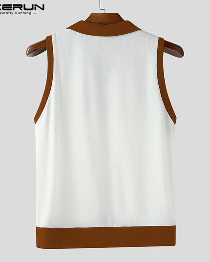 Incerun Men's Casual Tank Top with Patchwork Lapel and Button Detail