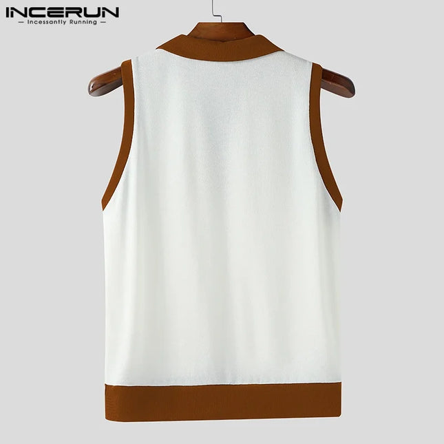 Incerun Men's Casual Tank Top with Patchwork Lapel and Button Detail