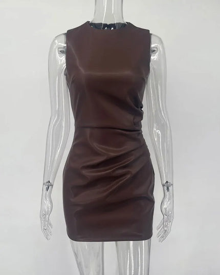 Women's PU Leather Maxi Dress - High Waist, Sleeveless, Slim Fit