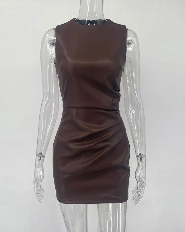 Women's PU Leather Maxi Dress - High Waist, Sleeveless, Slim Fit