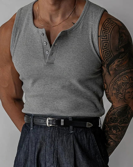 Henley Neck Buttoned Men’s Slim Fit Stretch Ribbed Tank Top