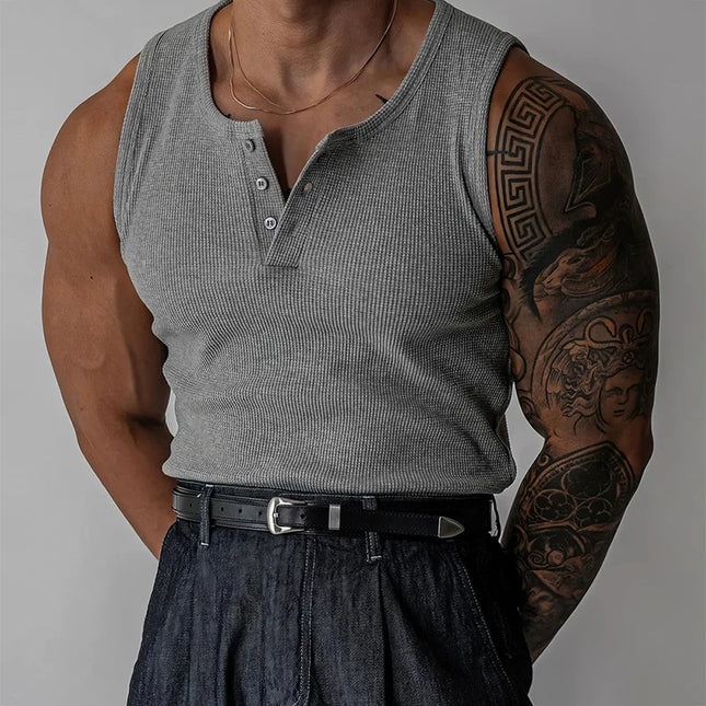 Henley Neck Buttoned Men’s Slim Fit Stretch Ribbed Tank Top