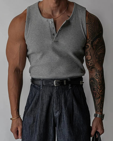 Henley Neck Buttoned Men’s Slim Fit Stretch Ribbed Tank Top