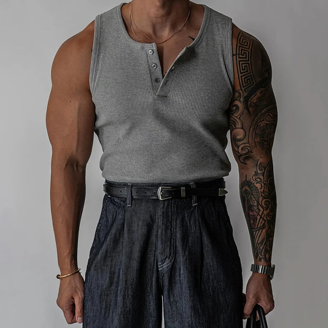 Henley Neck Buttoned Men’s Slim Fit Stretch Ribbed Tank Top