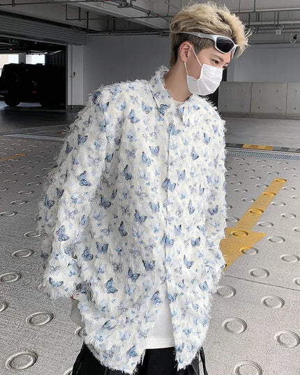 Men's Slim Fit Long Sleeve Shirt with 3D Butterfly Embroidery and Tassel Detailing