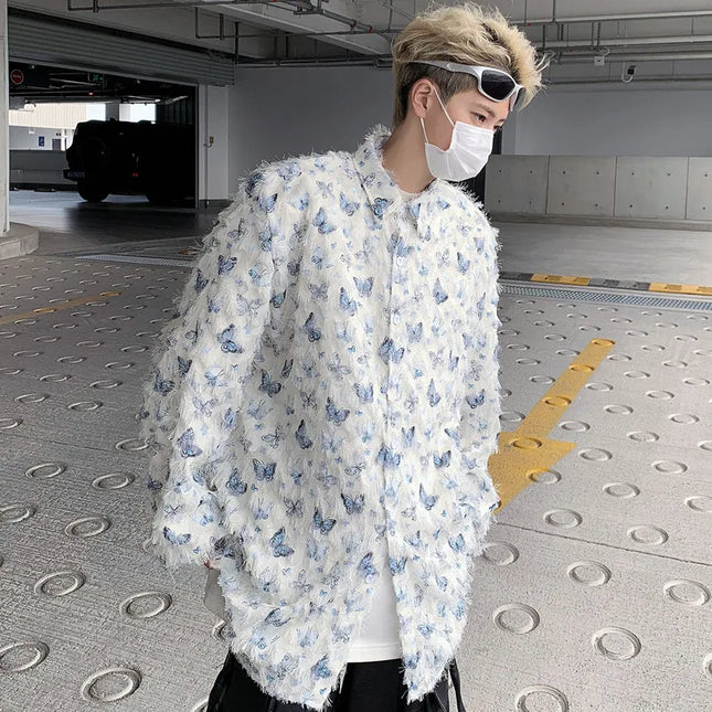 Men's Slim Fit Long Sleeve Shirt with 3D Butterfly Embroidery and Tassel Detailing