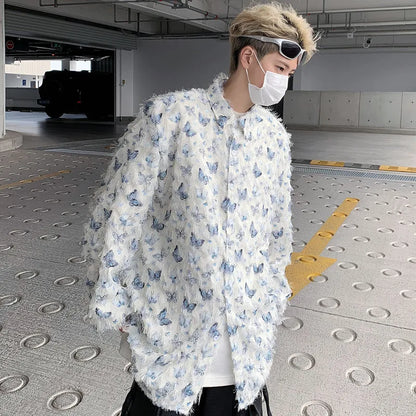 Men's Slim Fit Long Sleeve Shirt with 3D Butterfly Embroidery and Tassel Detailing