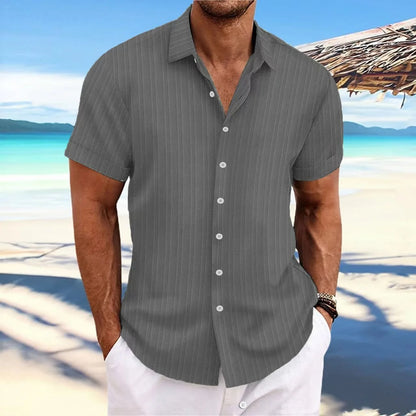 Men's Short-Sleeved Button-Up Shirt with Jacquard Wave Stripe Design