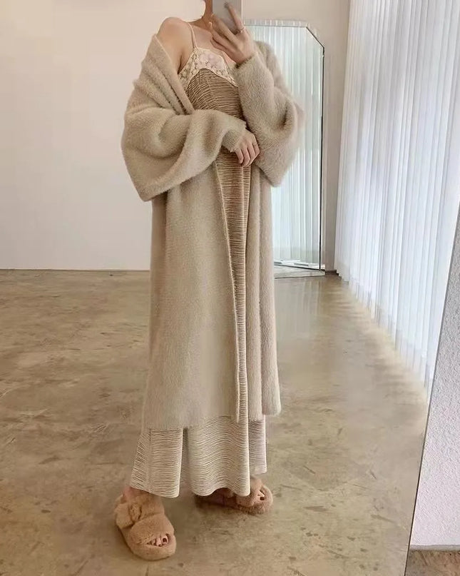 Women's Long Knitted Fluffy Cardigan with Long Sleeves