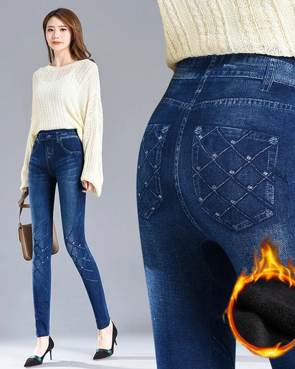 Faux Denim Fleece High-Waisted Pencil Pants for Women