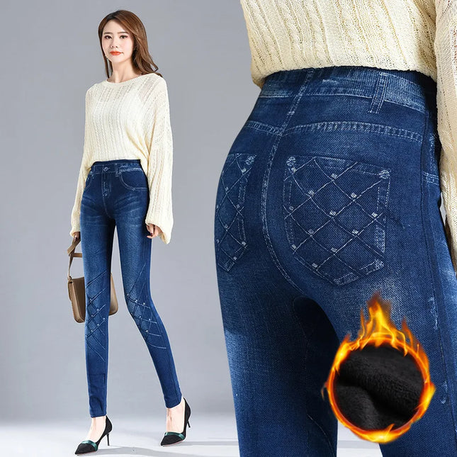 Faux Denim Fleece High-Waisted Pencil Pants for Women
