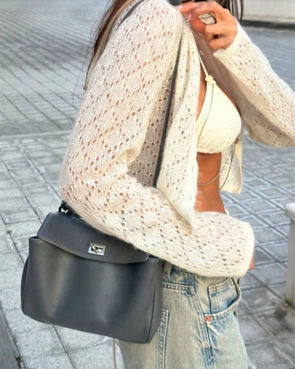 Women's Hollow Out Knit Cardigan - Long Sleeve Casual Cropped See-Through Knitwear