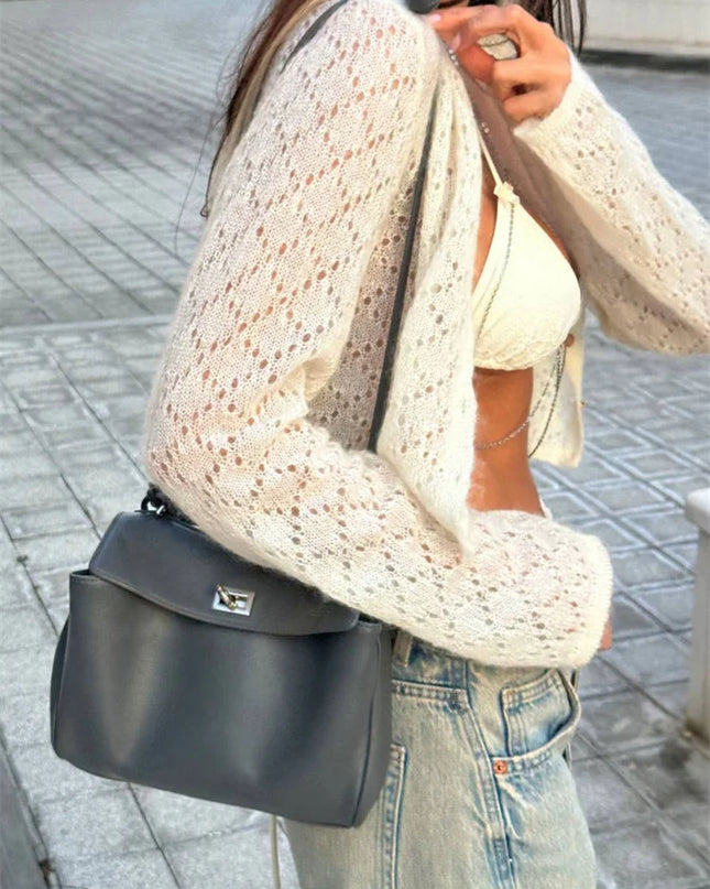 Women's Hollow Out Knit Cardigan - Long Sleeve Casual Cropped See-Through Knitwear