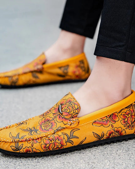 Men's Flower-Printed Faux Leather Slip-On Loafers - Stylish and Comfortable Men's Shoes