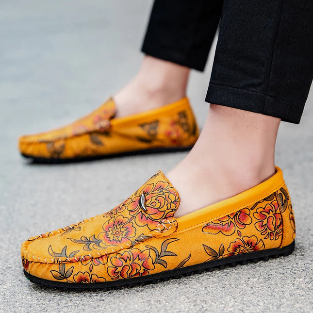 Men's Flower-Printed Faux Leather Slip-On Loafers - Stylish and Comfortable Men's Shoes