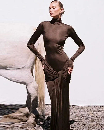 Tight-Fitting Lace-Up High Neck Long Sleeve Bodycon Dress for Women