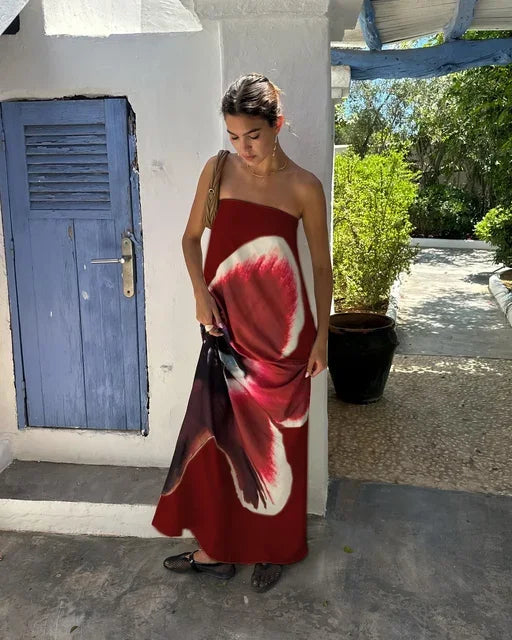 Women's Floral Off-Shoulder Strapless Backless Maxi Dress – Loose Fit