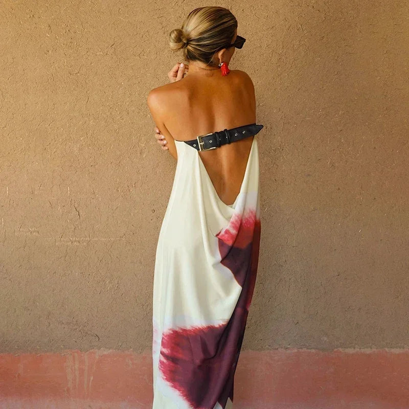 Women's Floral Off-Shoulder Strapless Backless Maxi Dress – Loose Fit