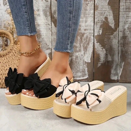 Women's 9cm Wedge Platform Heels with Fabric Bow – Elegant Slip-On Wedges for Women