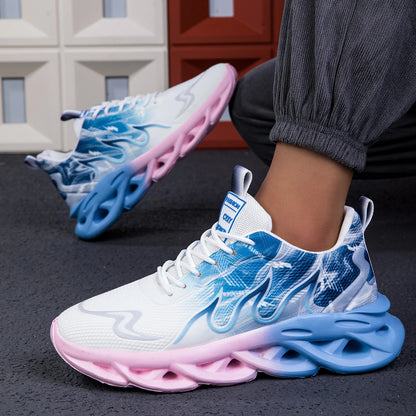Blue and pink sneakers worn by a person on a dark surface with a blurred background