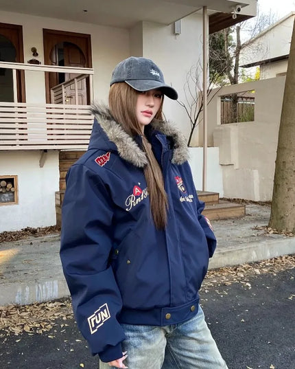 Women's Retro Embroidered Letter Cotton-Padded Jacket
