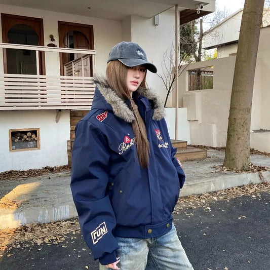 Women's Retro Embroidered Letter Cotton-Padded Jacket
