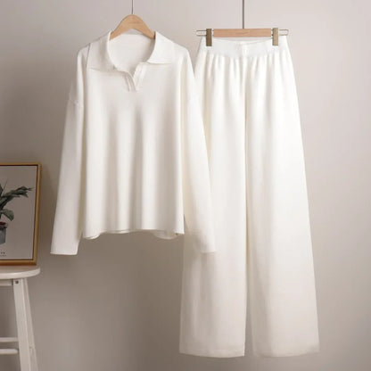 Women's Thick Knitted 2 Piece Set: Soft Polo Neck Sweater & Wide Leg Pants