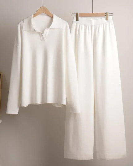 Women's Thick Knitted 2 Piece Set: Soft Polo Neck Sweater & Wide Leg Pants