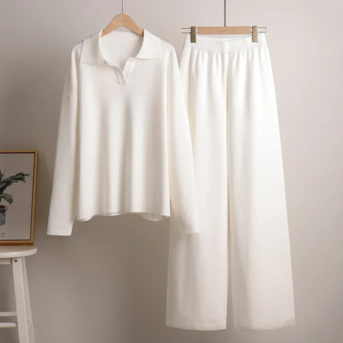 Women's Thick Knitted 2 Piece Set: Soft Polo Neck Sweater & Wide Leg Pants