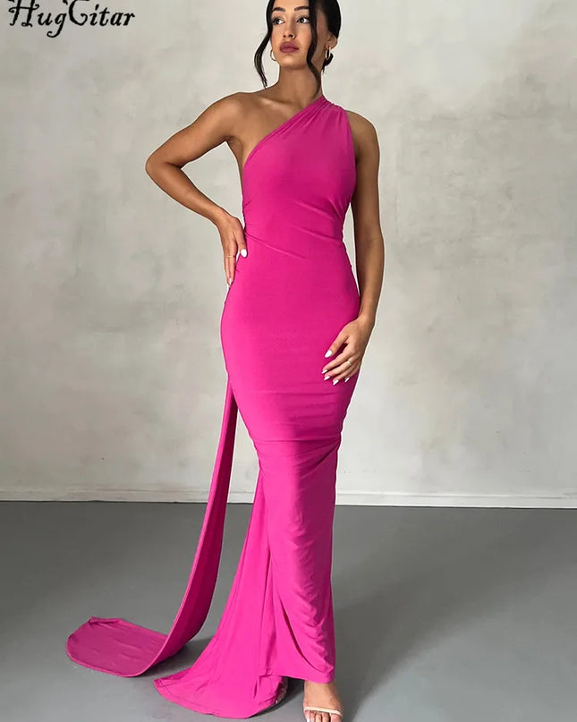 Hugcitar Adjustable Backless Ruched Dress with Single Shoulder and Scarf Loop for Women