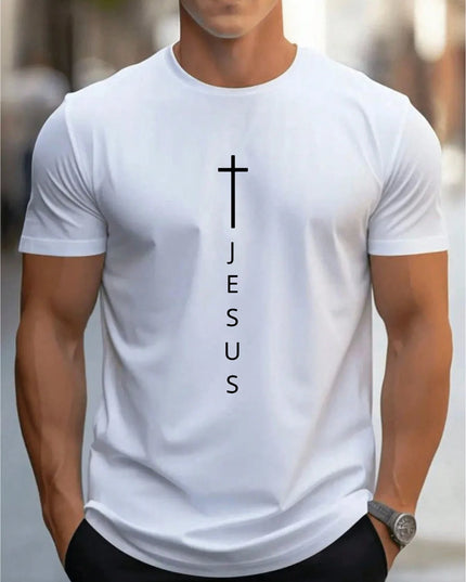 Men's 100% Cotton Casual T-Shirt with Large Cross and Jesus Letter Print